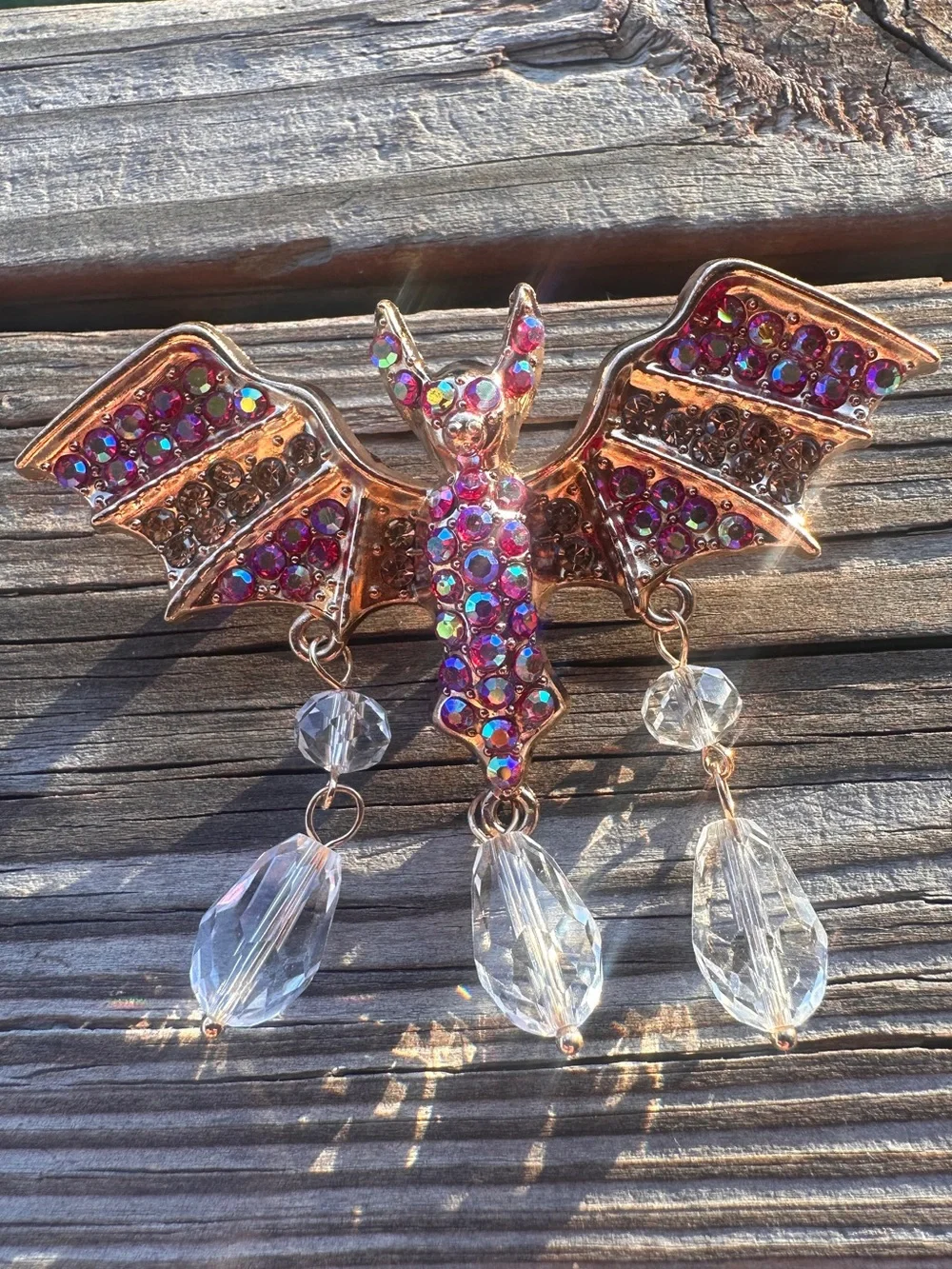 Gothic Bat Crystal Brooch Pin in Iridescent Red